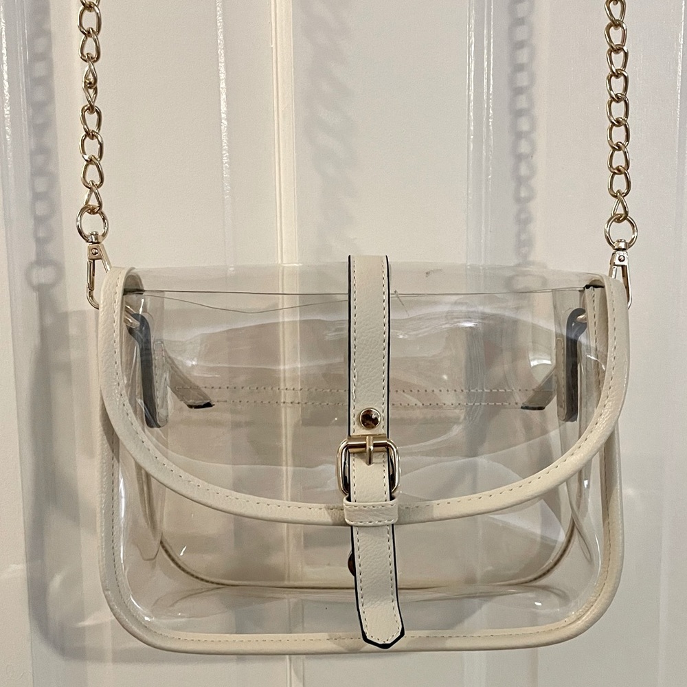 Clear Stadium Bag with White Leather Trim & Gold Hardware
